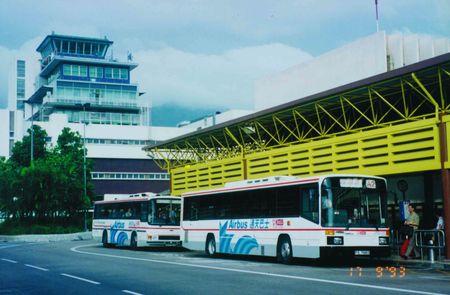 A Dennis Lance bus (front) and a Dennis Falcon bus parked
at the Airbus Terminus of Kai Tak Airport in 1993